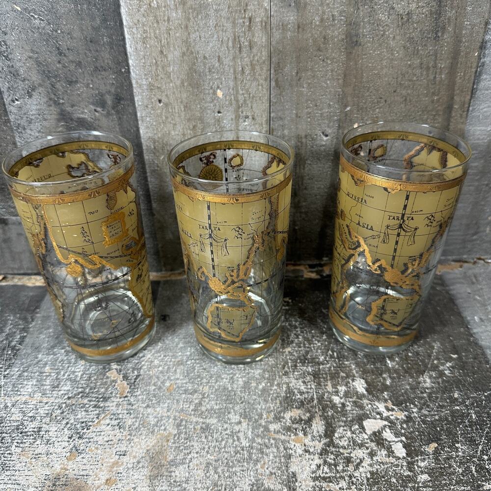 Set of 3 Cera Glassware 22K Gold Old World Map Highball Glasses MidCentury MCM